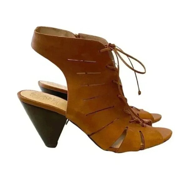 Vince Camuto Estie Leather Ankle Booties Peep Toe Heeled Lace Up Tan Brown 10 - Picture 2 of 14